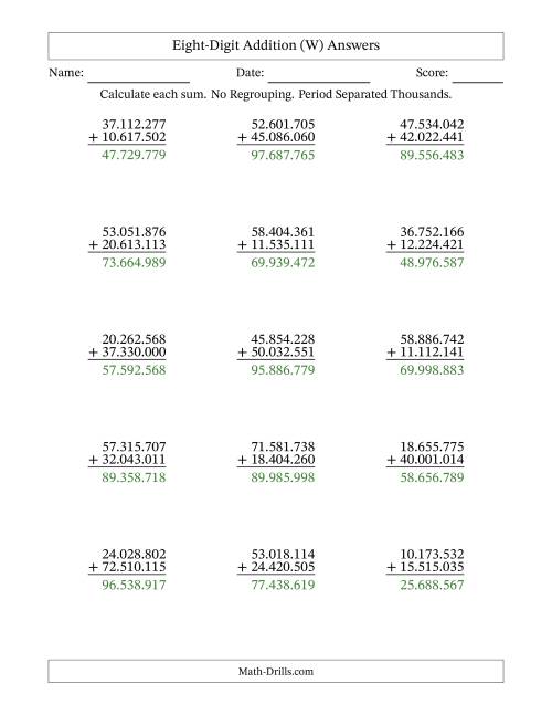 The Eight-Digit Addition With No Regrouping – 15 Questions – Period Separated Thousands (W) Math Worksheet Page 2