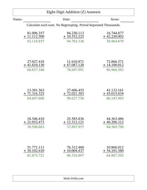 The Eight-Digit Addition With No Regrouping – 15 Questions – Period Separated Thousands (Z) Math Worksheet Page 2