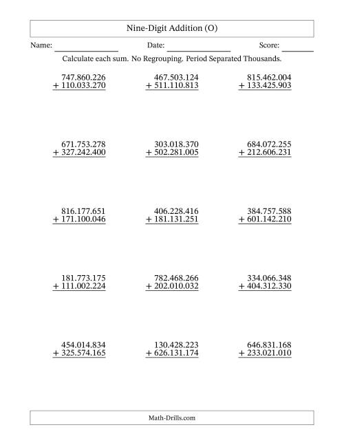 The Nine-Digit Addition With No Regrouping – 15 Questions – Period Separated Thousands (O) Math Worksheet