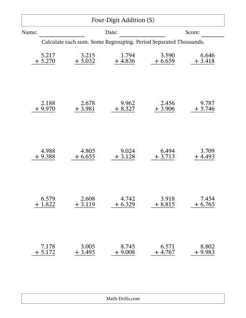 The Four-Digit Addition With Some Regrouping – 25 Questions – Period Separated Thousands (S) Math Worksheet