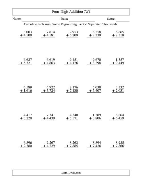 The Four-Digit Addition With Some Regrouping – 25 Questions – Period Separated Thousands (W) Math Worksheet