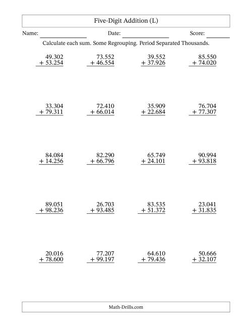 The Five-Digit Addition With Some Regrouping – 20 Questions – Period Separated Thousands (L) Math Worksheet