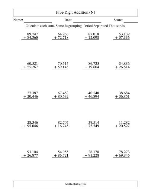 The Five-Digit Addition With Some Regrouping – 20 Questions – Period Separated Thousands (N) Math Worksheet