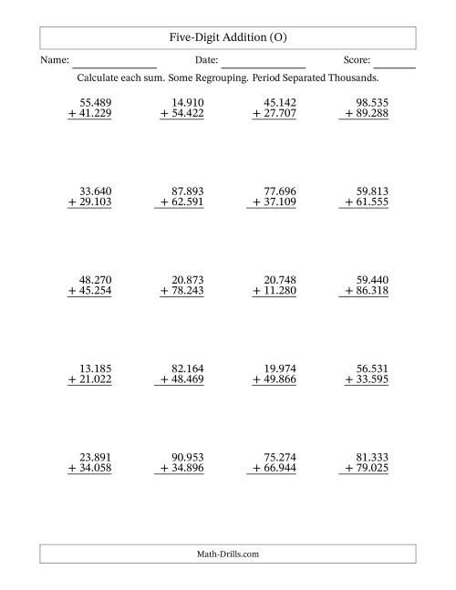 The Five-Digit Addition With Some Regrouping – 20 Questions – Period Separated Thousands (O) Math Worksheet