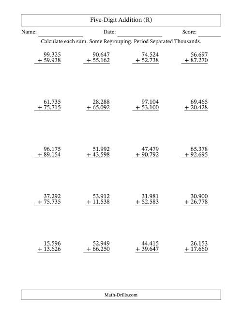 The Five-Digit Addition With Some Regrouping – 20 Questions – Period Separated Thousands (R) Math Worksheet