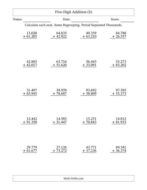 The Five-Digit Addition With Some Regrouping – 20 Questions – Period Separated Thousands (S) Math Worksheet