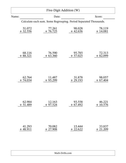 The Five-Digit Addition With Some Regrouping – 20 Questions – Period Separated Thousands (W) Math Worksheet