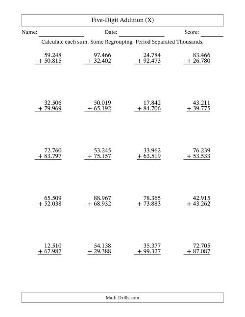 The Five-Digit Addition With Some Regrouping – 20 Questions – Period Separated Thousands (X) Math Worksheet