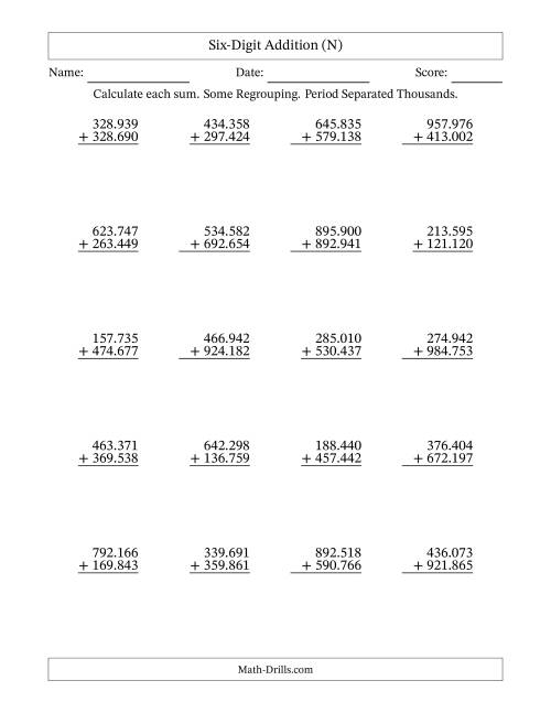 The Six-Digit Addition With Some Regrouping – 20 Questions – Period Separated Thousands (N) Math Worksheet