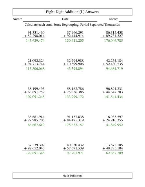 The Eight-Digit Addition With Some Regrouping – 15 Questions – Period Separated Thousands (L) Math Worksheet Page 2