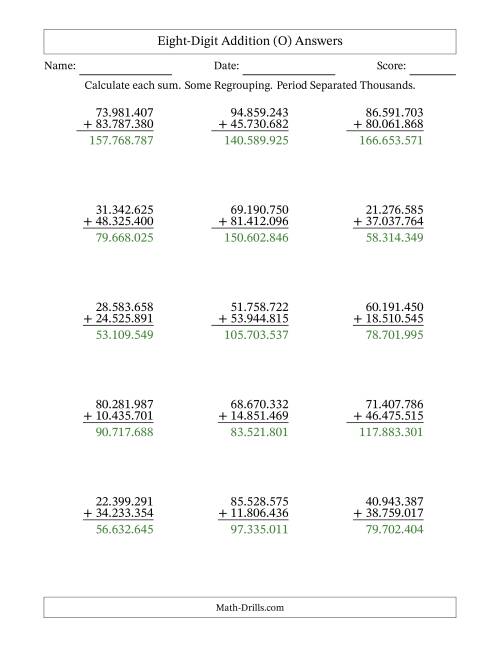 The Eight-Digit Addition With Some Regrouping – 15 Questions – Period Separated Thousands (O) Math Worksheet Page 2