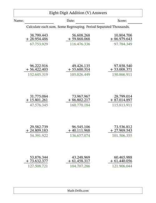 The Eight-Digit Addition With Some Regrouping – 15 Questions – Period Separated Thousands (V) Math Worksheet Page 2