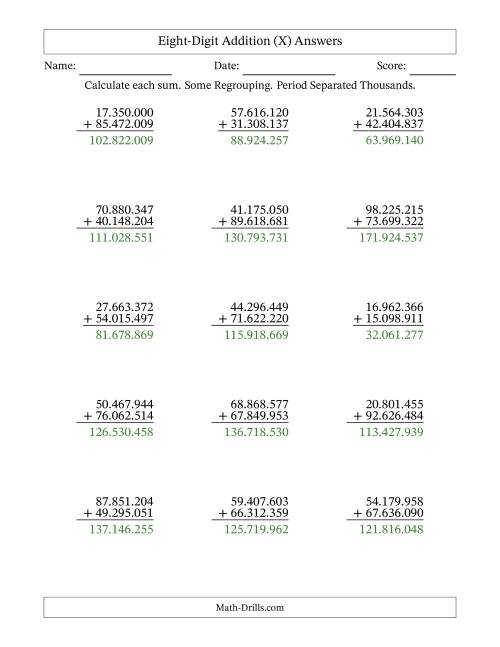 The Eight-Digit Addition With Some Regrouping – 15 Questions – Period Separated Thousands (X) Math Worksheet Page 2