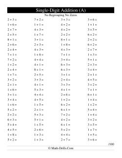 Single Digit Addition -- 100 Horizontal Questions -- No Regrouping and No Zeros