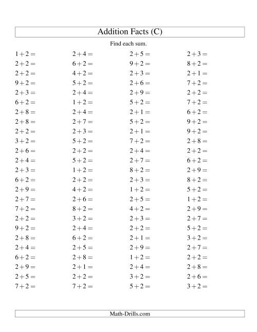 The Single Digit Addition -- 100 Horizontal Questions -- Adding Twos (C) Math Worksheet