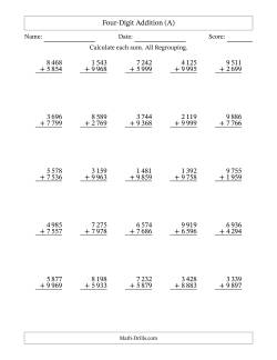 Four-Digit Addition With All Regrouping – 25 Questions – Space Separated Thousands