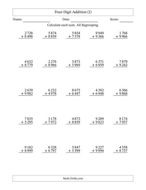 4-Digit Plus 4-Digit Addtion with ALL Regrouping and Space-Separated ...