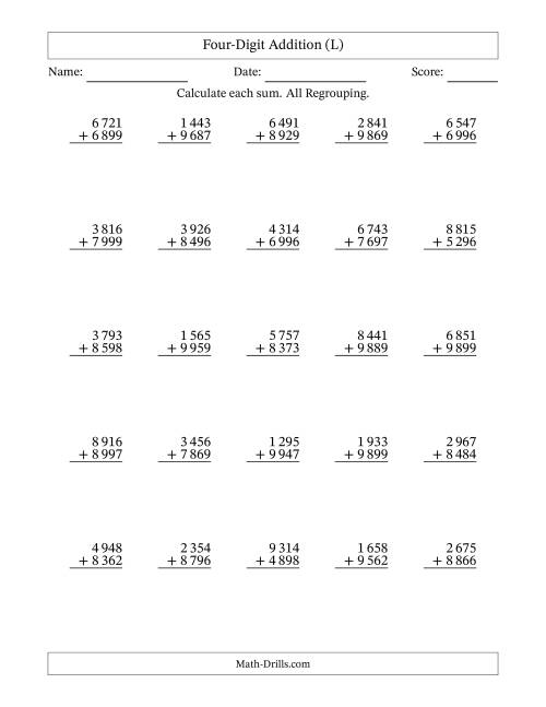 The Four-Digit Addition With All Regrouping – 25 Questions – Space Separated Thousands (L) Math Worksheet