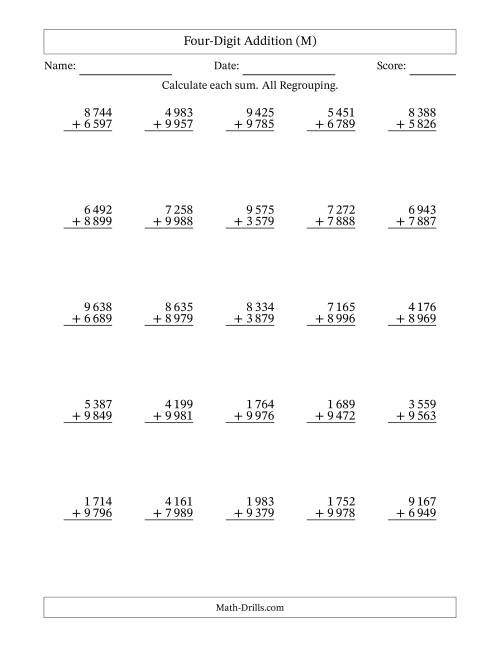 The Four-Digit Addition With All Regrouping – 25 Questions – Space Separated Thousands (M) Math Worksheet