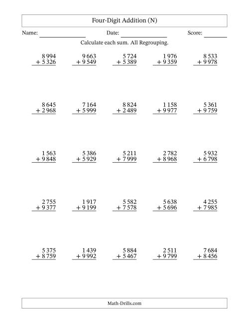 The Four-Digit Addition With All Regrouping – 25 Questions – Space Separated Thousands (N) Math Worksheet