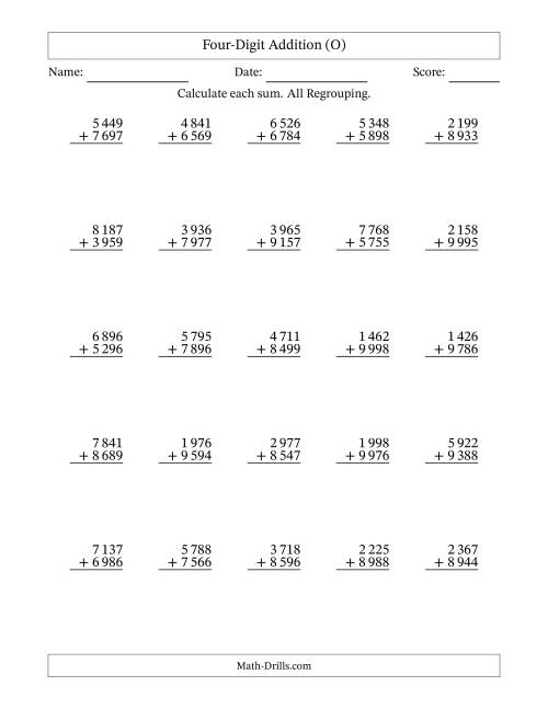 The Four-Digit Addition With All Regrouping – 25 Questions – Space Separated Thousands (O) Math Worksheet