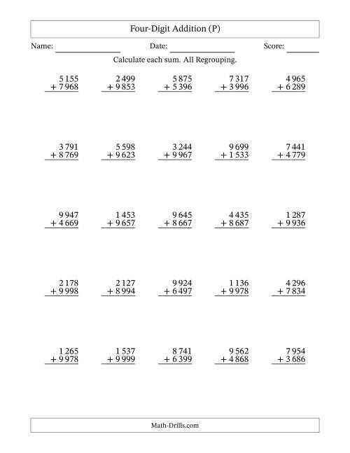 The Four-Digit Addition With All Regrouping – 25 Questions – Space Separated Thousands (P) Math Worksheet