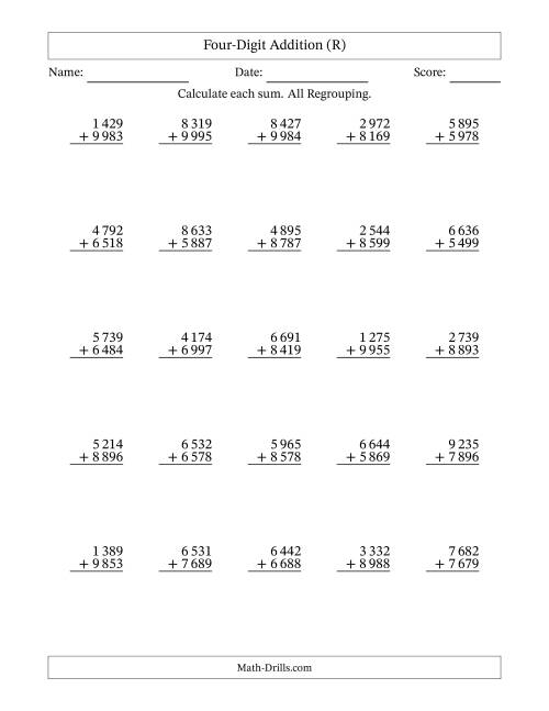 The Four-Digit Addition With All Regrouping – 25 Questions – Space Separated Thousands (R) Math Worksheet