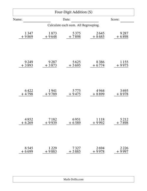The Four-Digit Addition With All Regrouping – 25 Questions – Space Separated Thousands (S) Math Worksheet