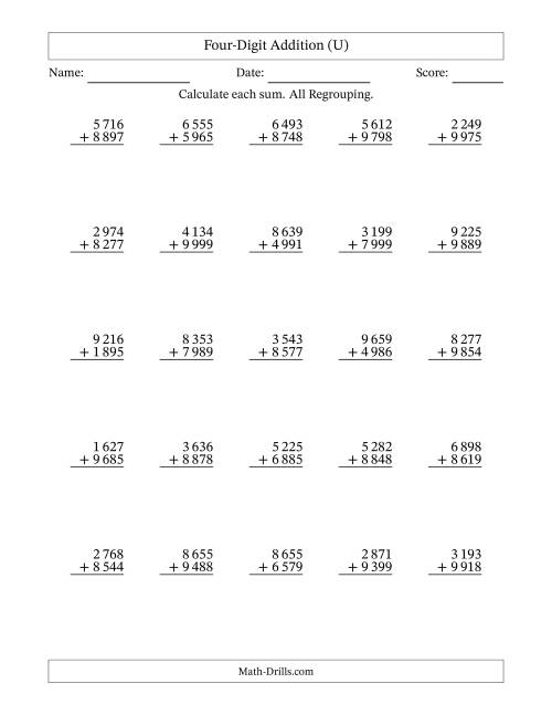 The Four-Digit Addition With All Regrouping – 25 Questions – Space Separated Thousands (U) Math Worksheet