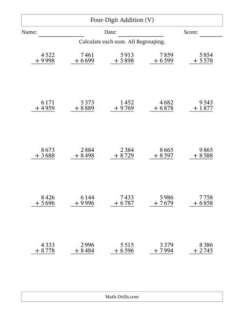 The Four-Digit Addition With All Regrouping – 25 Questions – Space Separated Thousands (V) Math Worksheet