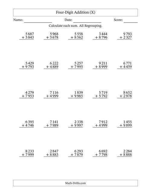 The Four-Digit Addition With All Regrouping – 25 Questions – Space Separated Thousands (X) Math Worksheet