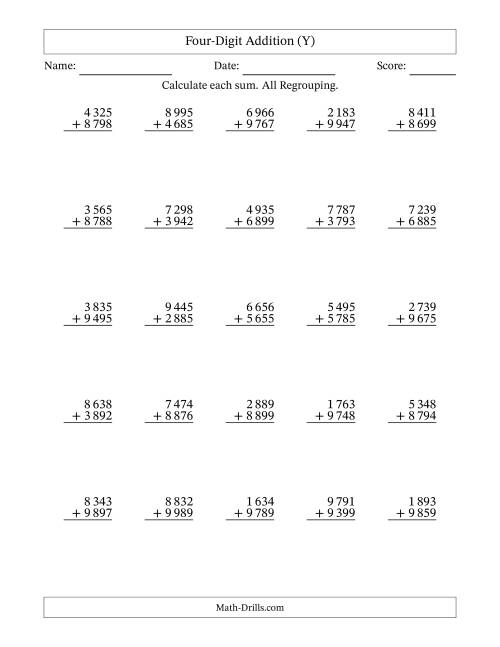 The Four-Digit Addition With All Regrouping – 25 Questions – Space Separated Thousands (Y) Math Worksheet