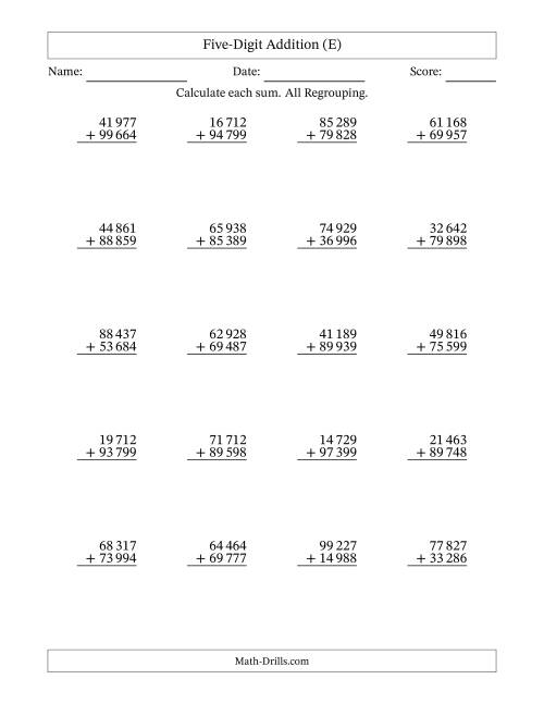 The Five-Digit Addition With All Regrouping – 20 Questions – Space Separated Thousands (E) Math Worksheet