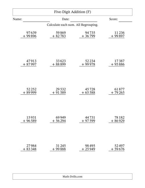 The Five-Digit Addition With All Regrouping – 20 Questions – Space Separated Thousands (F) Math Worksheet