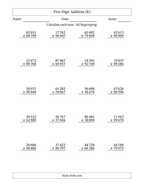 The Five-Digit Addition With All Regrouping – 20 Questions – Space Separated Thousands (K) Math Worksheet