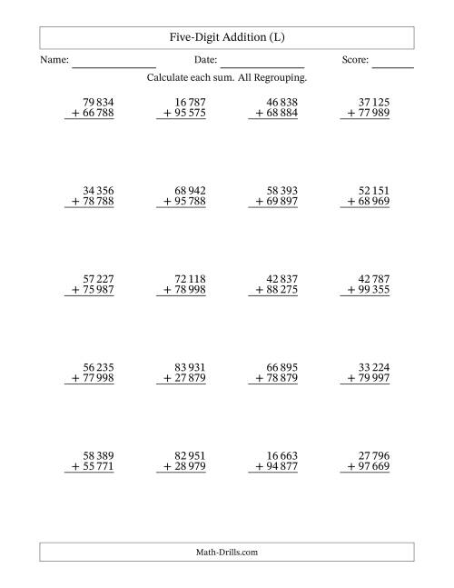 The Five-Digit Addition With All Regrouping – 20 Questions – Space Separated Thousands (L) Math Worksheet