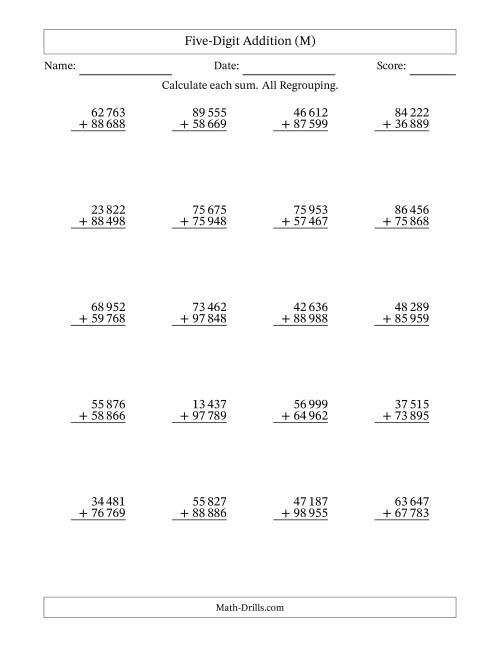 The Five-Digit Addition With All Regrouping – 20 Questions – Space Separated Thousands (M) Math Worksheet