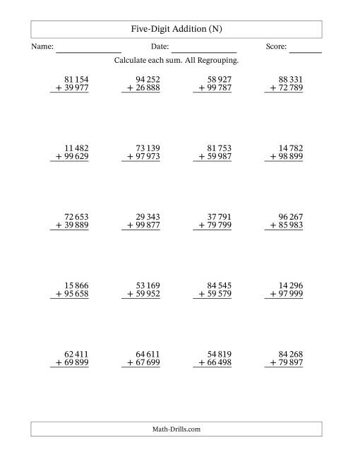 The Five-Digit Addition With All Regrouping – 20 Questions – Space Separated Thousands (N) Math Worksheet