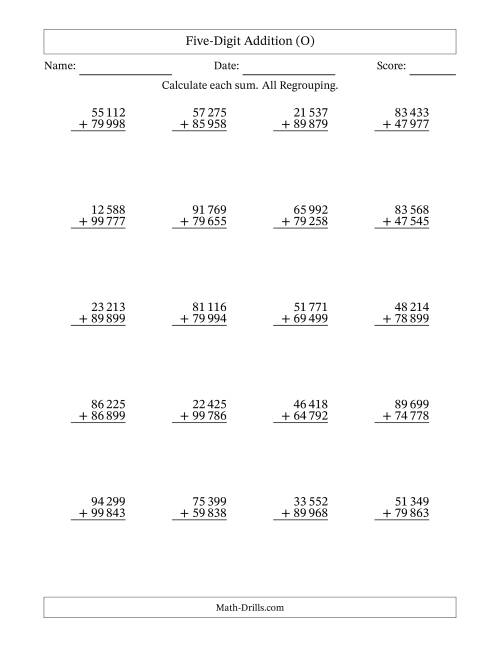The Five-Digit Addition With All Regrouping – 20 Questions – Space Separated Thousands (O) Math Worksheet