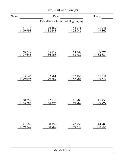 The Five-Digit Addition With All Regrouping – 20 Questions – Space Separated Thousands (P) Math Worksheet