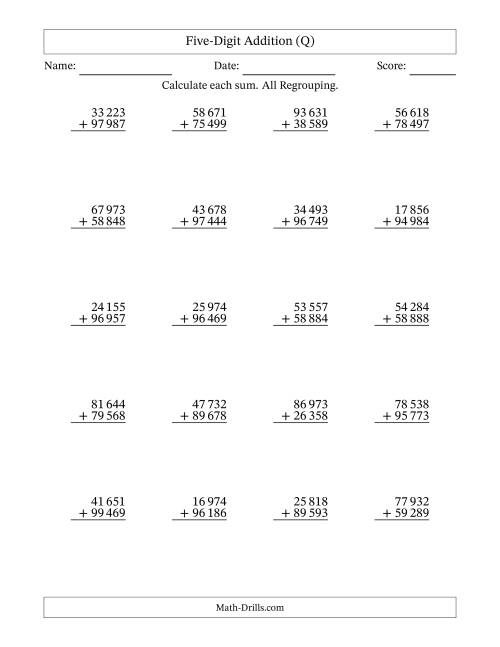 The Five-Digit Addition With All Regrouping – 20 Questions – Space Separated Thousands (Q) Math Worksheet