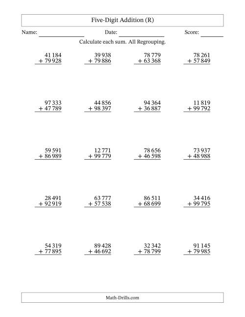 The Five-Digit Addition With All Regrouping – 20 Questions – Space Separated Thousands (R) Math Worksheet