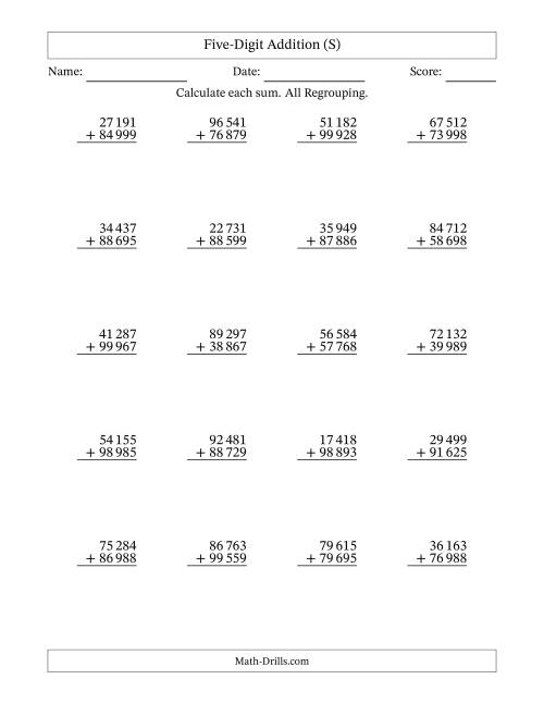 The Five-Digit Addition With All Regrouping – 20 Questions – Space Separated Thousands (S) Math Worksheet