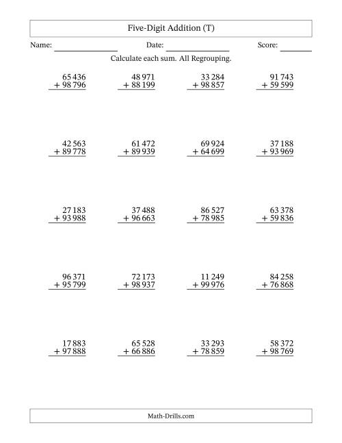The Five-Digit Addition With All Regrouping – 20 Questions – Space Separated Thousands (T) Math Worksheet
