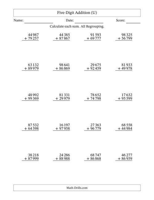 The Five-Digit Addition With All Regrouping – 20 Questions – Space Separated Thousands (U) Math Worksheet