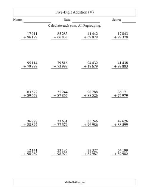The Five-Digit Addition With All Regrouping – 20 Questions – Space Separated Thousands (V) Math Worksheet
