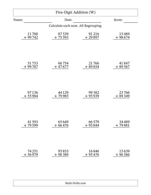 The Five-Digit Addition With All Regrouping – 20 Questions – Space Separated Thousands (W) Math Worksheet