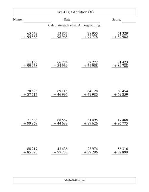 The Five-Digit Addition With All Regrouping – 20 Questions – Space Separated Thousands (X) Math Worksheet