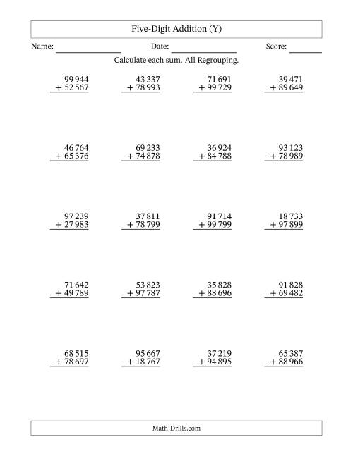 The Five-Digit Addition With All Regrouping – 20 Questions – Space Separated Thousands (Y) Math Worksheet