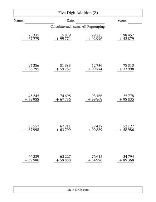 The Five-Digit Addition With All Regrouping – 20 Questions – Space Separated Thousands (Z) Math Worksheet